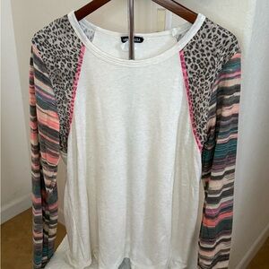 HEIMISH USA Cream Top with Leopard and Striped Sleeves